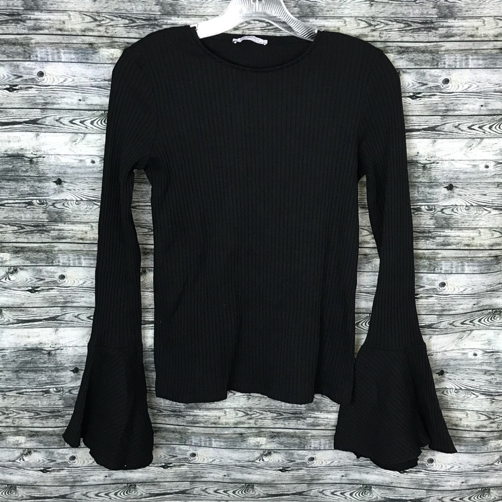Zara Trafaluc Black Ribbed Top with Flare Cuffs